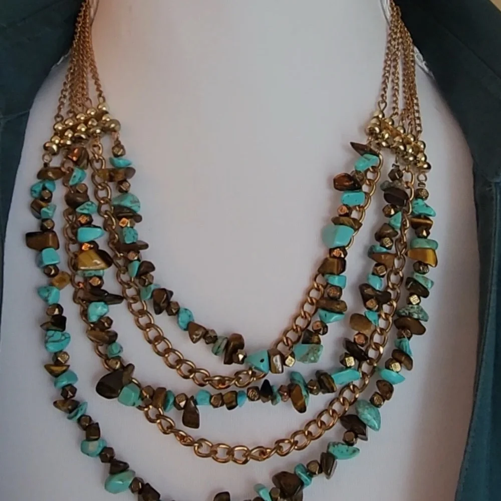 Turquoise & Tiger’s Eye Style Multi-Strand Beaded Statement Necklace – Boho Chic